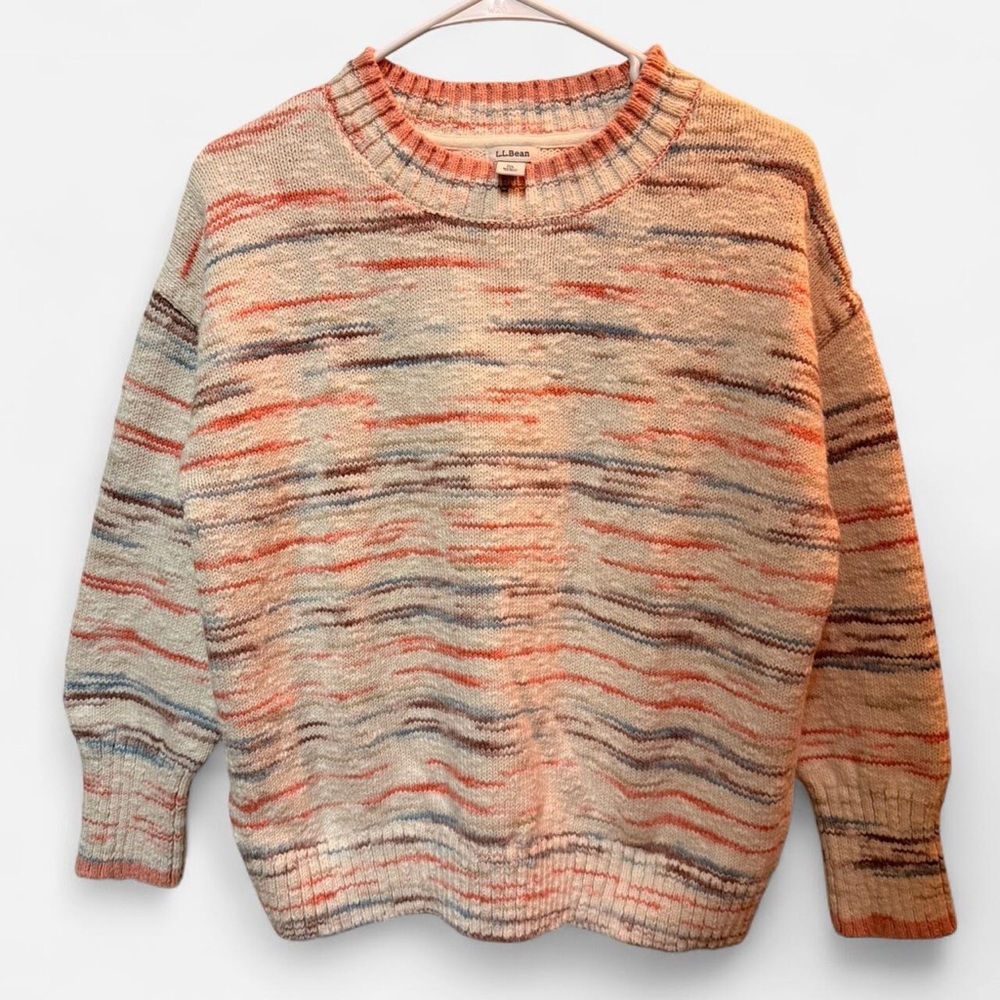 L.L. Bean Multicolor Crewneck Sweater - Cream with Coral & Blue Stripes